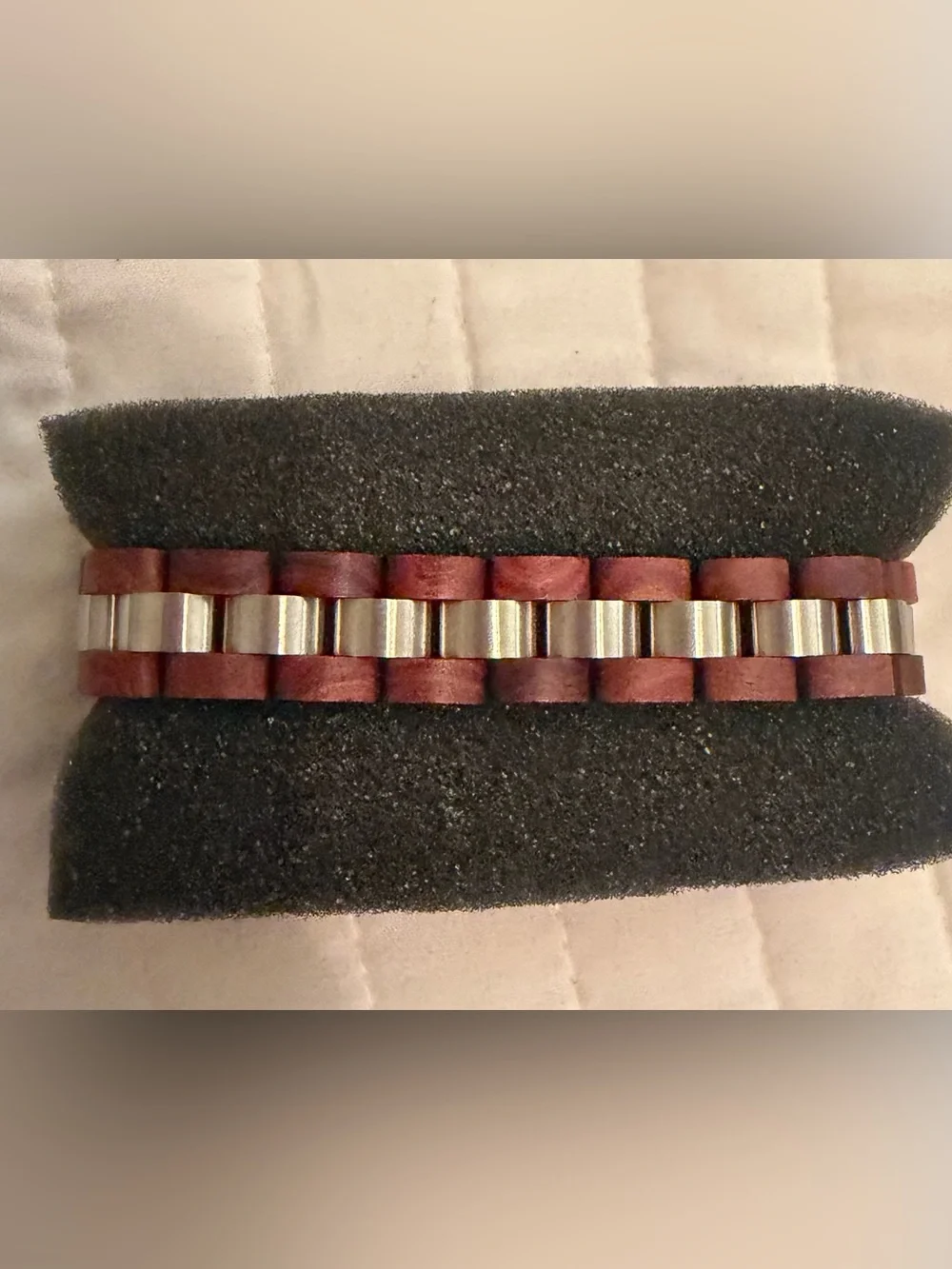 Men's Wood and Silver-Tone Link Watch Strap